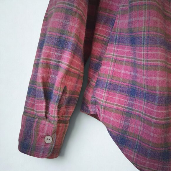 L.L.Bean Women Pink&Blue Plaid Flannel Shirt Collarless Neckline Preppy Western - Picture 8 of 14